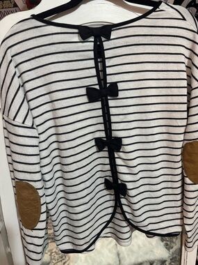 Sweet Wanderer Black & White Striped Long Sleeve Top with Tan Elbow Patches